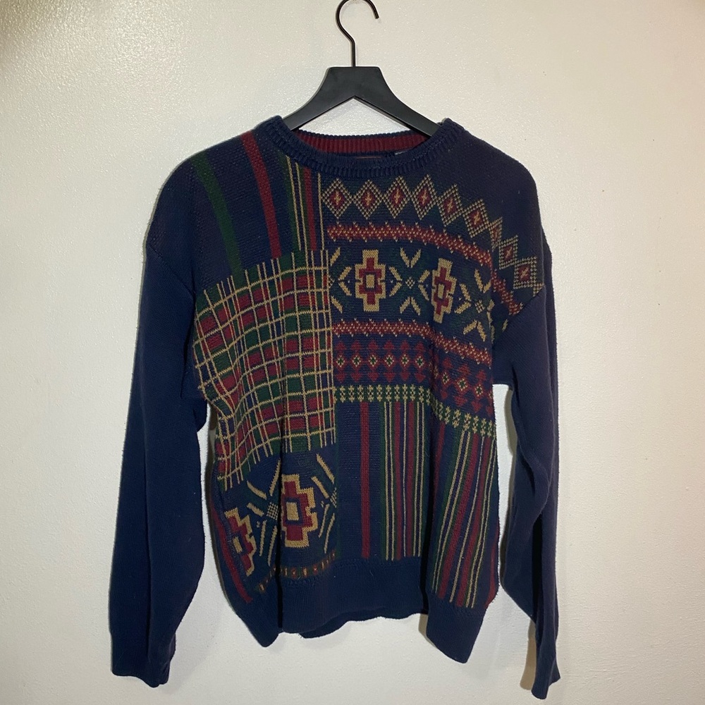 Vintage Navy Blue, Red, Gold, And More Colored Geometric Pattern Front & Back